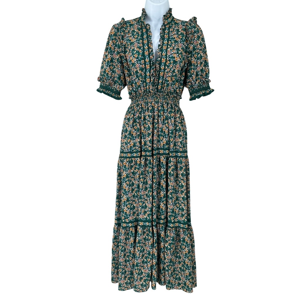 Max Studio Maxi Dress Womens S Green Floral Tiered Mock Neck Smocked Boho